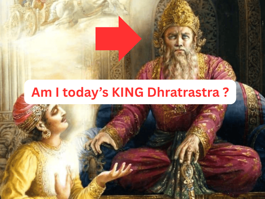 Dhritarashtra asking Sanjaya about the Kurukshetra war, symbolizing moral blindness