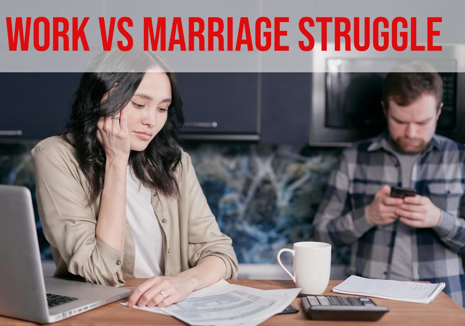 IT professional balancing laptop and wedding ring - work vs marriage struggle
